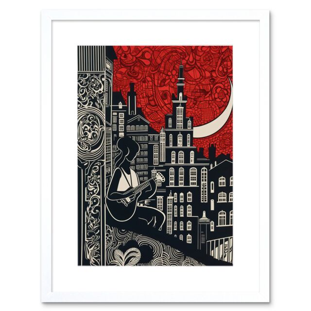 "Artery8 Wall Art Print Street Musician Guitarist in Edinburgh Cityscape Artwork Framed 9X7 Inch in White - Size: W7"" x H9""" - image 1