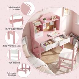Havendro Pink Wooden Kids Desk Chair Set With Storage - thumbnail 4
