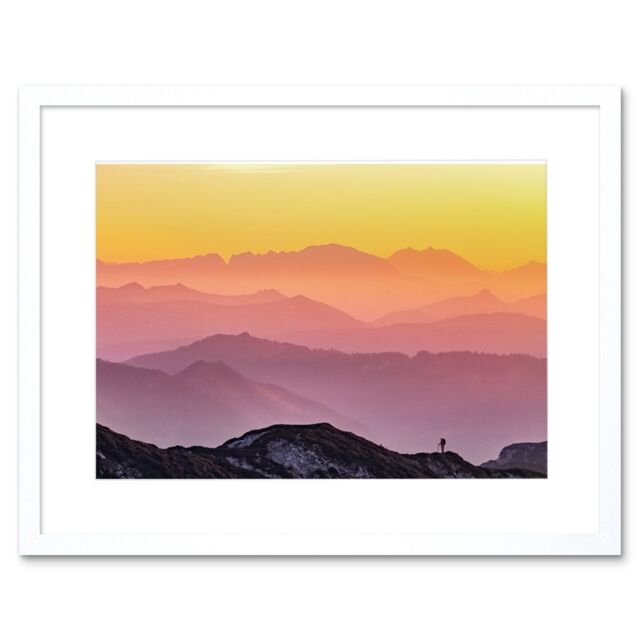 "Artery8 Wall Art Print Misty Mountain Beautiful Sunrise Panorama Framed in White - Size: W7"" x H9""" - image 1