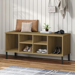Berkfield Home Shoe Rack with Metal Legs Brown 106x35x45 cm Solid Wood OSLO - Size: 106 x 35 x 45 cm