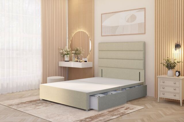 Somnior Chambery Divan Bed Frame 2 Drawers with Floor Standing Headboard Linen in Beige - Size: King - image 1