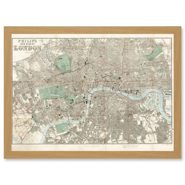 Artery8 Map Philip 1881 London City England New Plan Chart Artwork Framed Wall Art Print A4 in Light Oak - image 1