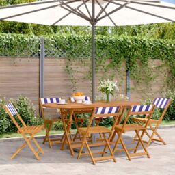 Berkfield Home Folding Garden Chairs 6 pcs Blue & White Fabric & Solid Wood