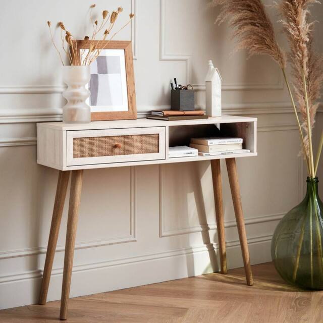 sweeek 100cm wood & cane decor console table in Off-White - image 1