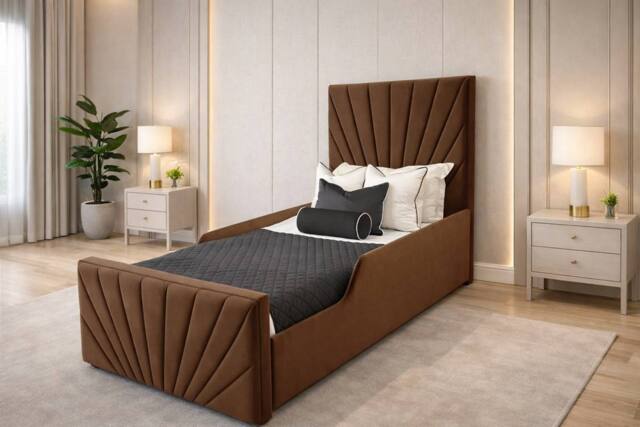 PARADISE BEDS LTD Single Upholstered Kids Bed Frame With Headboard in Dark Brown - image 1