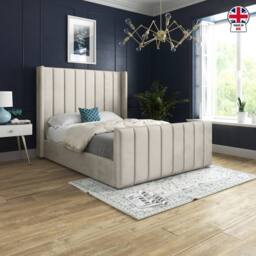 KDMD Strumpshaw Winged Upholstered Beige Soft Velvet Designer Bed Frame in Cream - Size: Single - thumbnail 4