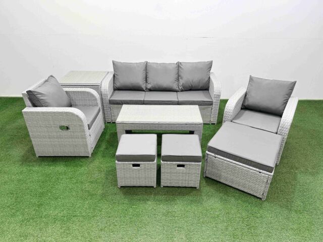 Fimous PE Rattan Garden Furniture Set Reclining Chair Sofa Lounge Sofa Set Rectangular Coffee Table Side Table 3 Stools Light Grey - image 1