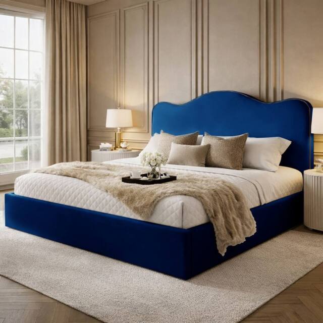 Desire Deco Designer Plush Velvet Angelito Upholstered Bed Frame in Blue - Size: Super King - image 1