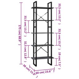 Berkfield Home 5-Tier Book Cabinet Grey 60x30x175 cm Pinewood - Size: 60 x 30 x 175 cm - thumbnail 5
