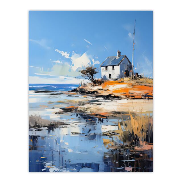 Artery8 Wall Art Print The Old White Crofters Cottage Oil Painting Palette Knife Blue Orange Serene Scottish Coastal Landscape Poster - image 1