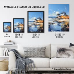 Artery8 Wall Art Print The Old White Crofters Cottage Oil Painting Palette Knife Blue Orange Serene Scottish Coastal Landscape Poster - thumbnail 3