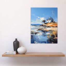 Artery8 Wall Art Print The Old White Crofters Cottage Oil Painting Palette Knife Blue Orange Serene Scottish Coastal Landscape Poster - thumbnail 4