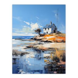 Artery8 Wall Art Print The Old White Crofters Cottage Oil Painting Palette Knife Blue Orange Serene Scottish Coastal Landscape Poster - thumbnail 1