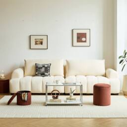 Nordlys Set of 3 Poufs with Wooden Storage & Boucle Fabric in Red - thumbnail 6
