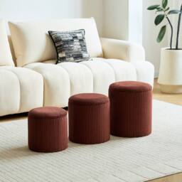 Nordlys Set of 3 Poufs with Wooden Storage & Boucle Fabric in Red - thumbnail 2