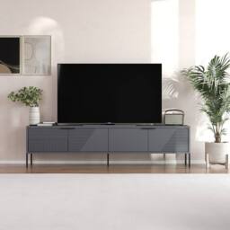 CALICOSY TV Stand On Legs With 2 Grooved Drop-Down Doors, 180 Cm Wide - GOLD in Grey - thumbnail 2