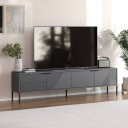 CALICOSY TV Stand On Legs With 2 Grooved Drop-Down Doors, 180 Cm Wide - GOLD in Grey - thumbnail 4
