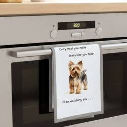Animal Crackers Dog Tea Towel With 'Watching You' Funny Wording - Yorkshire Terrier in White - thumbnail 3