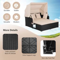 Costway Patio Daybed w/Retractable Canopy PE Rattan Wicker Sunbed w/Side Table - thumbnail 7