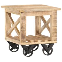 Berkfield Home Side Table with Wheels 40x40x42 cm Rough Mango Wood in Light Brown - Size: 40 x 40 x 42 cm - thumbnail 2