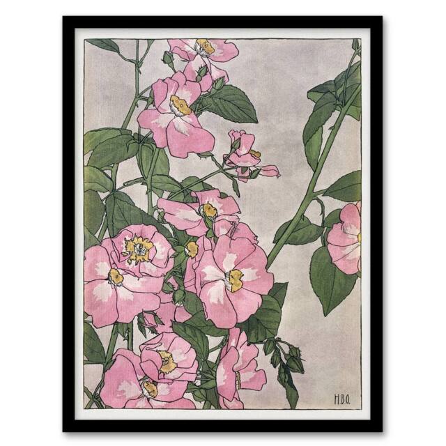 Artery8 Prairie Rose Flowers Vintage Framed Wall Art Print Borger Overbeck in Pink - Size: A4 - image 1