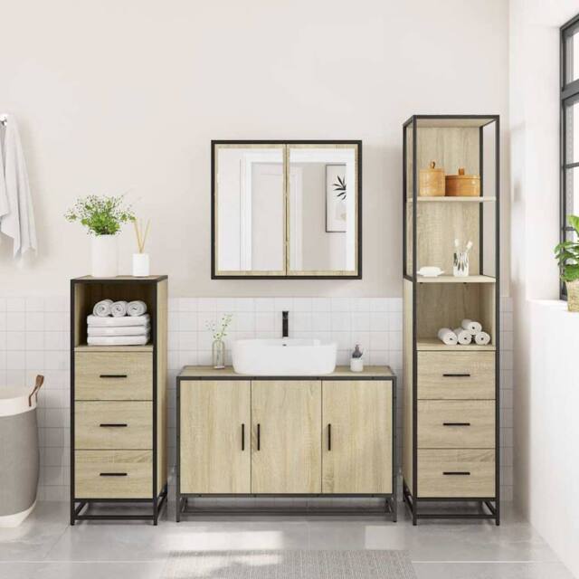 Berkfield Home Durable 4¬†Piece Bathroom Furniture Set¬†Sonoma Oak Engineered Wood in Light Tan - image 1