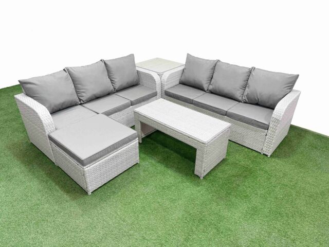 Fimous Outdoor Garden Furniture Sets 7 Seater Wicker Rattan Furniture Sofa Sets w/ Oblong Coffee Table high Back Lounge Sofa Big Footstool Side Table - image 1