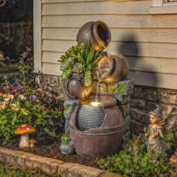 OUTSUNNY Outdoor Fountain with LED Lights, 4-Tier Garden Fountain in Brown - thumbnail 1