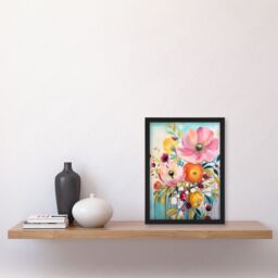 "Artery8 Teal Pink Yellow Flowers Bright Elegant Oil Painting Vibrant Spring Blooms Art Print Framed Poster Wall Decor in Black - Size: W12"" x H16""" - thumbnail 4