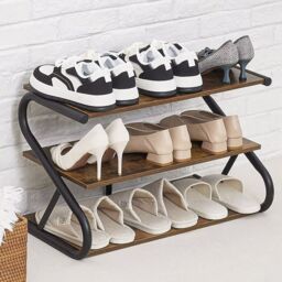Living and Home Rustic S-Frame Shoe Rack 3-Tier Shelf Wooden Plant Stand in Brown - thumbnail 1