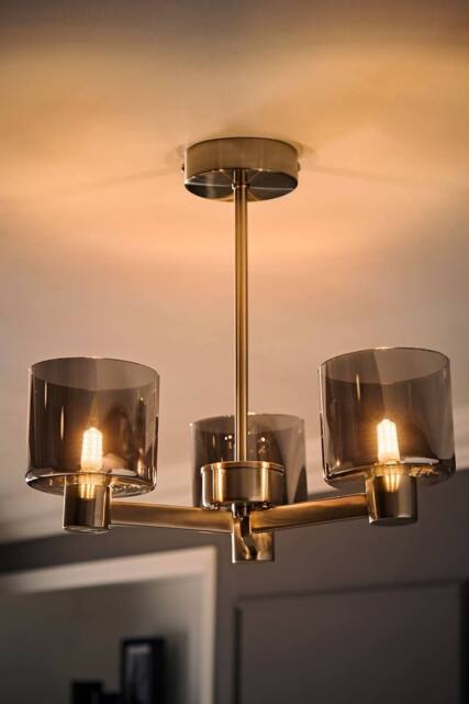 ValueLights Demi Brushed Chrome 3 Arm Smoke Glass Chandelier Ceiling Light & Bulbs in Metallic Silver - image 1
