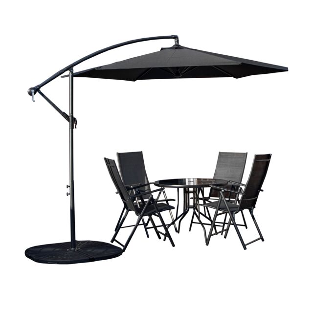 Samuel Alexander Outdoor 4 Person Round Glass Top Garden Dining Table Chairs With Banana Parasol & Base in Black - image 1