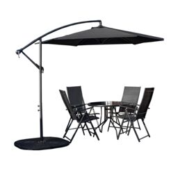 Samuel Alexander Outdoor 4 Person Round Glass Top Garden Dining Table Chairs With Banana Parasol & Base in Black - thumbnail 1