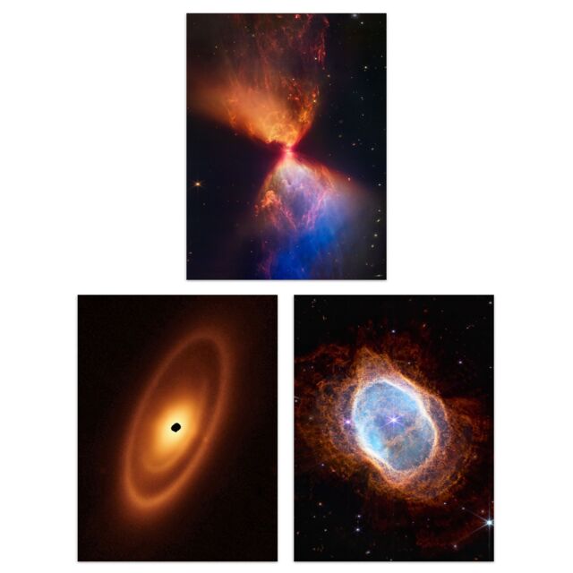 Artery8 Wall Art Print Pack of 3 NASA James Webb Images Fiery Hourglass Protostar Fomalhaut System Southern Ring Nebula Large Poster Set - image 1