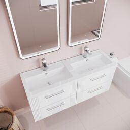 Balterley Wall Hung 4 Drawers Vanity Unit- 2 Polymarble Basin 1200mm, Satin White - thumbnail 3