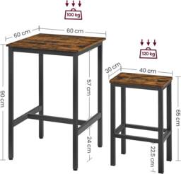 VASAGLE Space Saving Bar Table & Chairs Set Square Dining with Stools in Brown - thumbnail 3