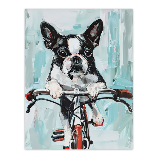"Artery8 Boston Terrier Dog Lover Bicycle Oil Painting Fun Wall Art Print in Blue - Size: W12"" x H16""" - image 1