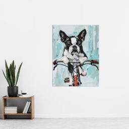 "Artery8 Boston Terrier Dog Lover Bicycle Oil Painting Fun Wall Art Print in Blue - Size: W12"" x H16""" - thumbnail 4