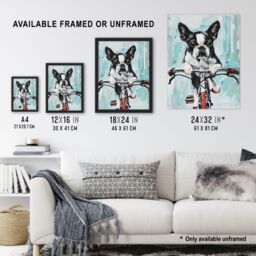 "Artery8 Boston Terrier Dog Lover Bicycle Oil Painting Fun Wall Art Print in Blue - Size: W12"" x H16""" - thumbnail 3