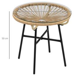 OUTSUNNY Rattan Side Table with Round PE Rattan & Tempered Glass Table Top in Beige - thumbnail 3