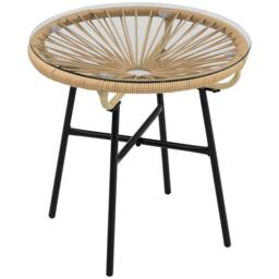 OUTSUNNY Rattan Side Table with Round PE Rattan & Tempered Glass Table Top in Beige - thumbnail 2