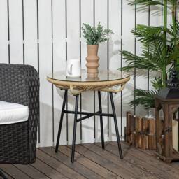 OUTSUNNY Rattan Side Table with Round PE Rattan & Tempered Glass Table Top in Beige - thumbnail 1