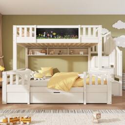 ModernLuxe Children's single over double bunk bed with storage steps + drawer in White - thumbnail 7