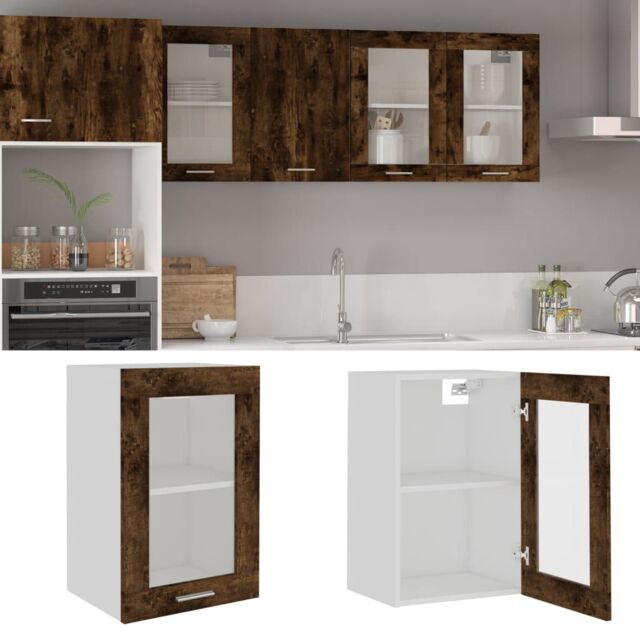 Berkfield Home Hanging Glass Cabinet Smoked Oak 40x31x60 cm Engineered Wood in Brown - Size: 40 x 31 x 60 cm - image 1