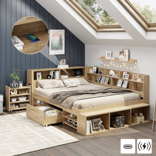 Matteo Children's Double Bed - Multifunctional Storage - Natural - image 1