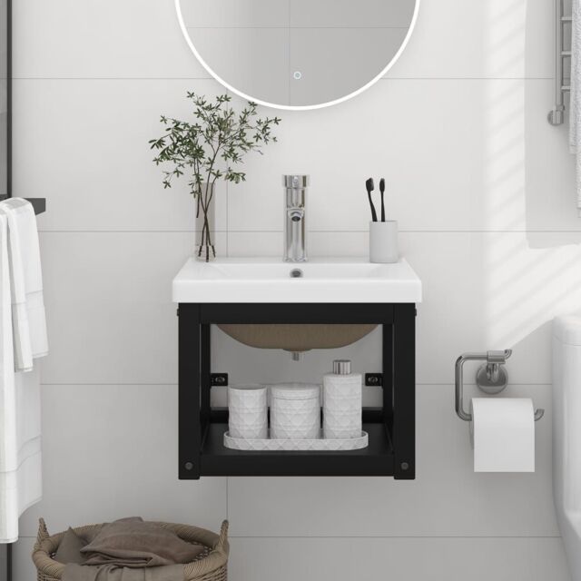 Berkfield Home Bathroom Washbasin Frame with Built-in Basin Black Iron - image 1