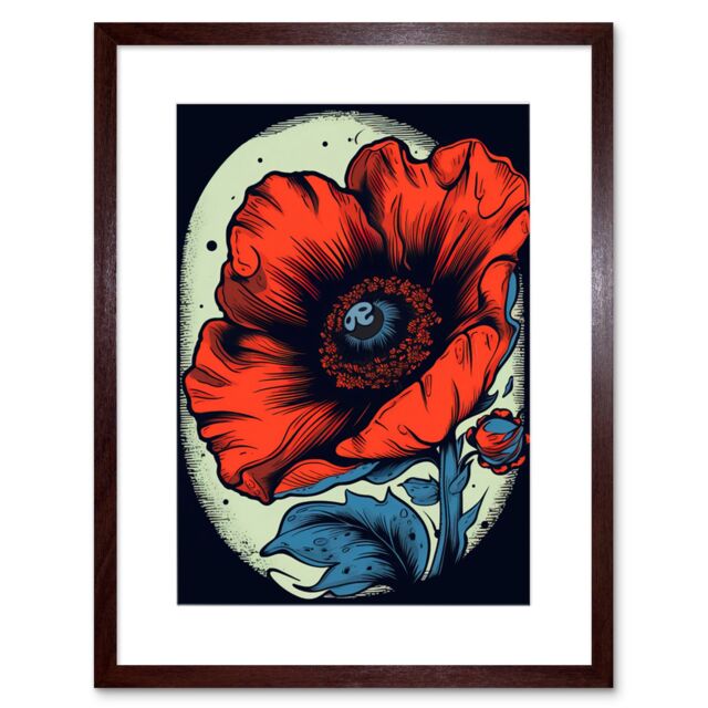 "Artery8 Wall Art Print Poppy Flower Old School USA Tattoo Ink Body Art Rockabilly Americana 50s Artwork Framed 9X7 Inch in Brown - Size: W7"" x H9""" - image 1
