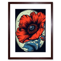 "Artery8 Wall Art Print Poppy Flower Old School USA Tattoo Ink Body Art Rockabilly Americana 50s Artwork Framed 9X7 Inch in Brown - Size: W7"" x H9""" - thumbnail 1
