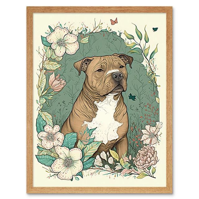 "Artery8 Wall Art Print Brown Staffordshire Bull Terrier & Flowers Modern Pastel Boho Art Framed in Light Oak - Size: W12"" x H16""" - image 1
