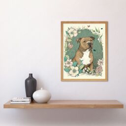 "Artery8 Wall Art Print Brown Staffordshire Bull Terrier & Flowers Modern Pastel Boho Art Framed in Light Oak - Size: W12"" x H16""" - thumbnail 2